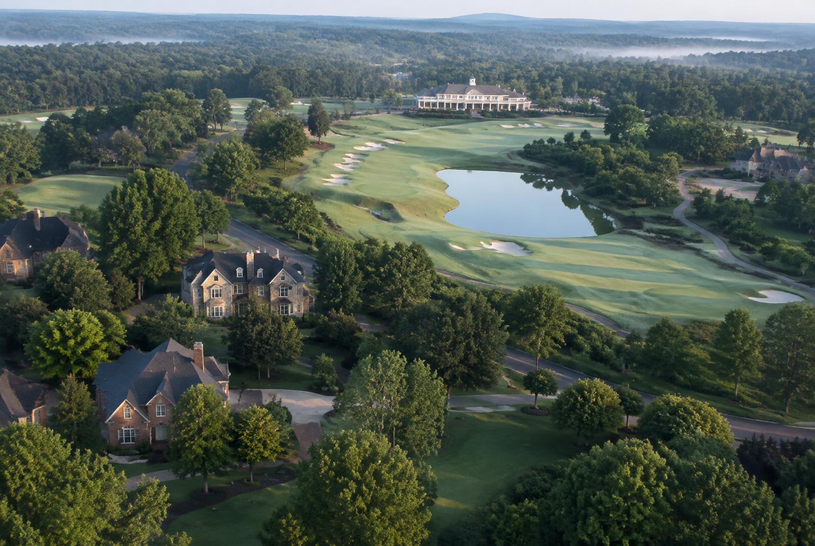 Aerial view of the golf course and custom homes of the Firethorne community in southern Union County